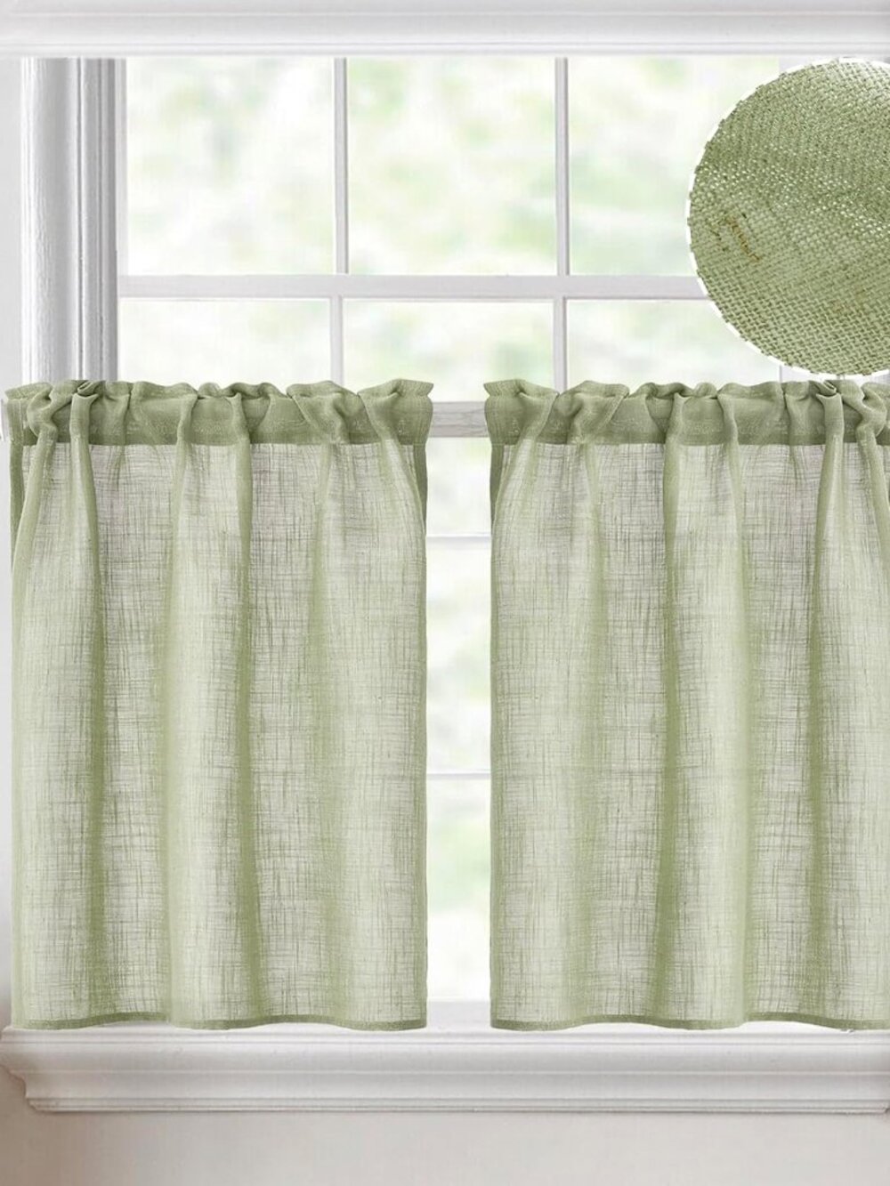 Spring Linen Textured Kitchen Window Curtains over Sink 24 Inch Length Semi Shee